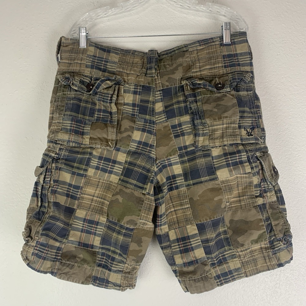 American Eagle Cargo Shorts 34 Plaid Patchwork 9.5" Classic Length Preppy Y2K - Picture 2 of 8